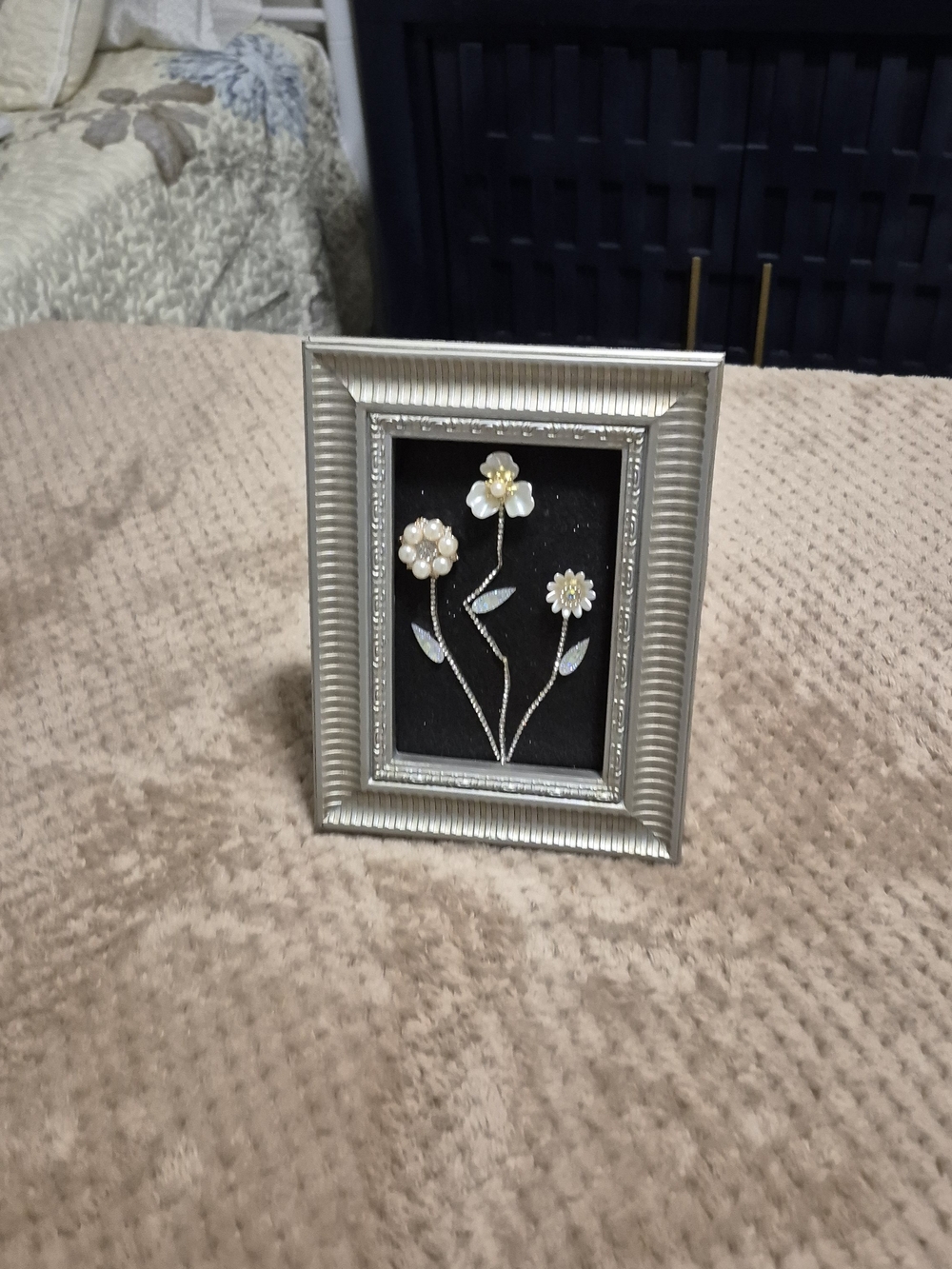 Silver Floral Beaded Wall Art Frame - White Flower Accent